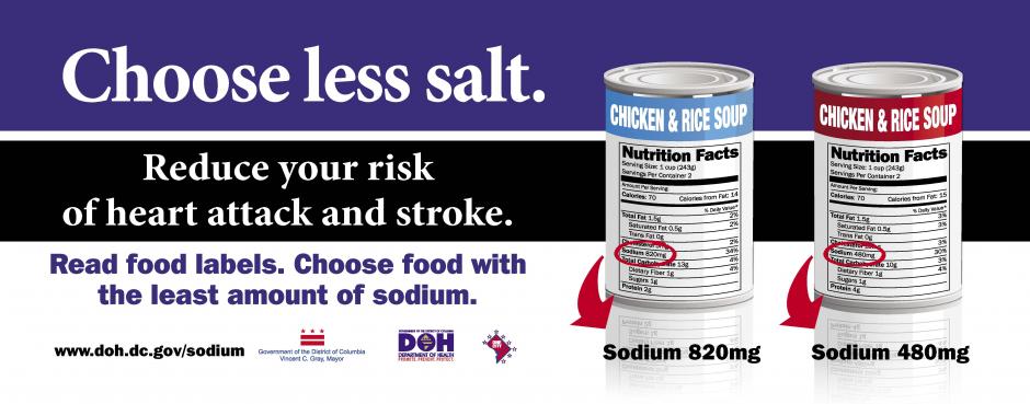 Choose less salt campaign image comparing two food labels and encouraging  reading the labels for the amount of sodium